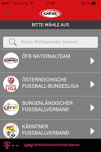 Ligenauswahl bei der App des Österreichischen Fußballverbandes